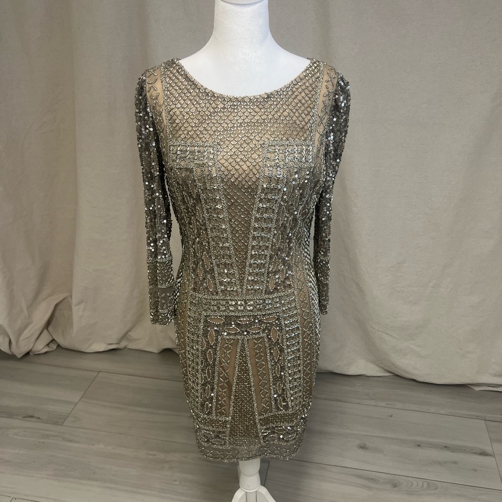 SCALA Pewter Sequin Mini Dress Sz 8 Embellished Prom Cocktail Party Glam